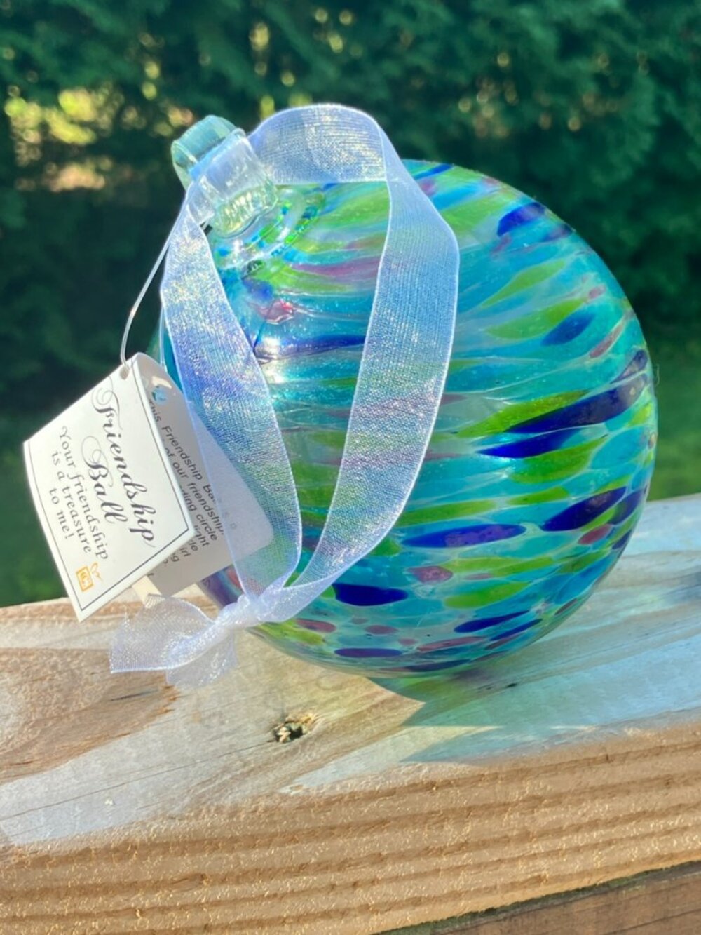NEW! Handcrafted Blown Glass FRIENDSHIP BALL green blue SWIRL ART GLASS ORNAMENT
